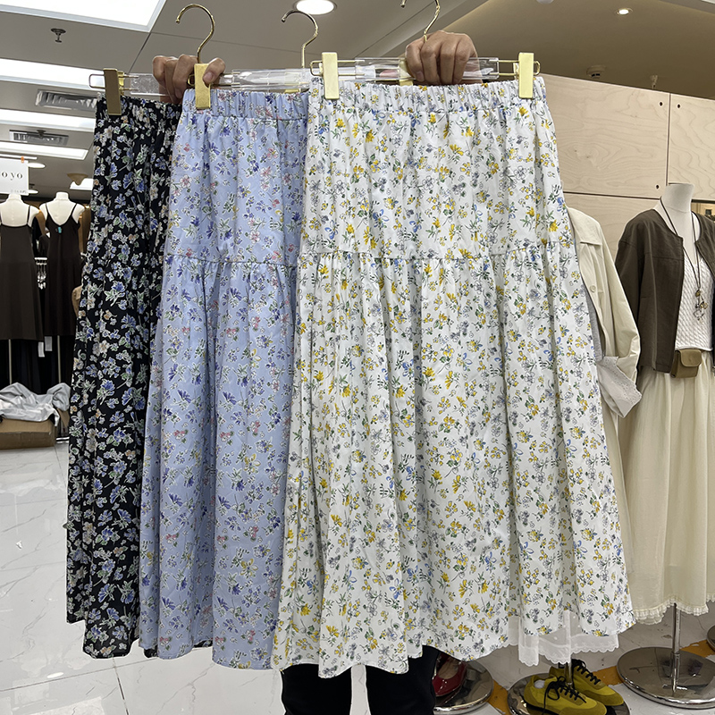 文艺小清新棉质碎花拼接半身裙女松紧腰气质百搭垂坠感大摆A字裙