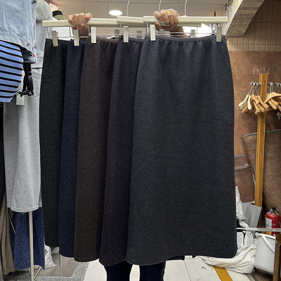 复古加厚毛呢直筒开叉半身裙