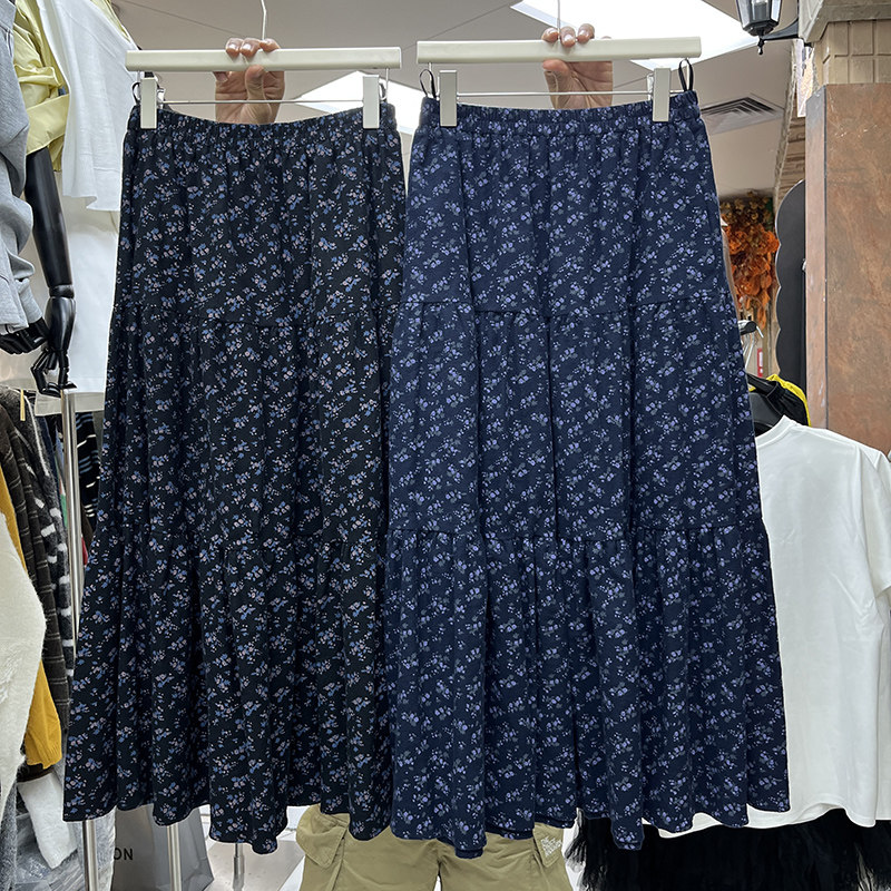 森系复古磨毛碎花半身裙