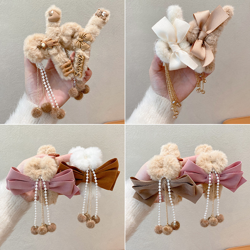 毛绒蝴蝶结流苏毛球抓夹发夹女后脑勺发卡夹子头饰高级感鲨鱼夹