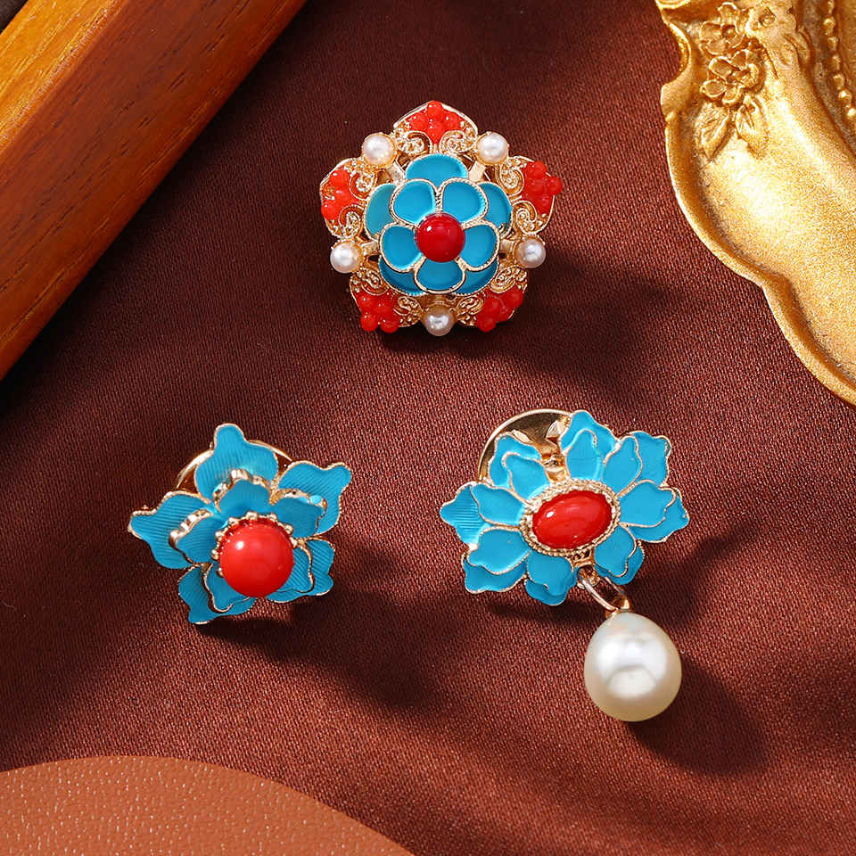 复古新中式国风烧蓝花朵衣领扣小号刺马针胸花釉彩旗袍汉服胸针