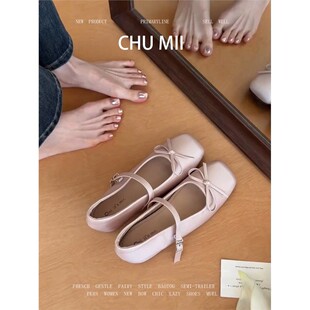 羊皮版~甜美蝴蝶结方头单鞋女真皮内增高玛丽珍鞋芭蕾风软底瓢鞋