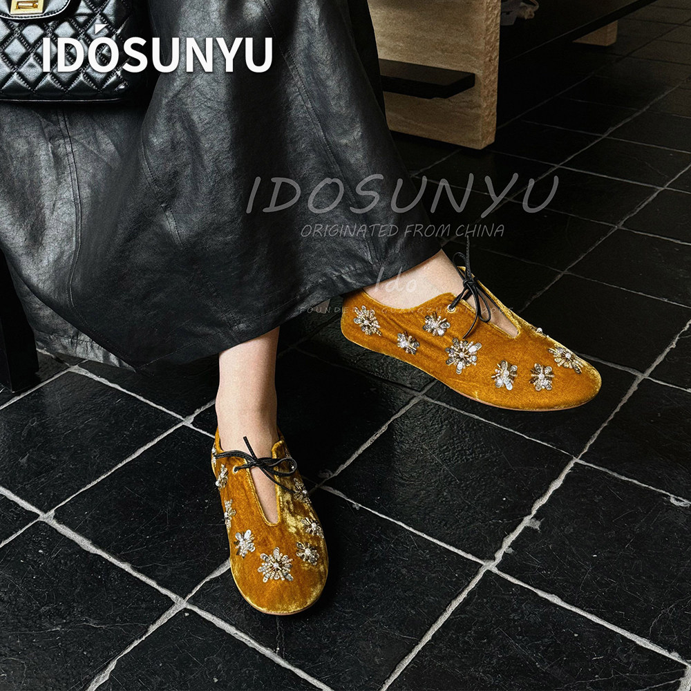 IDOSUNYU欧货早秋进口丝绒布水钻花朵玛丽珍鞋女系带平底通勤单鞋