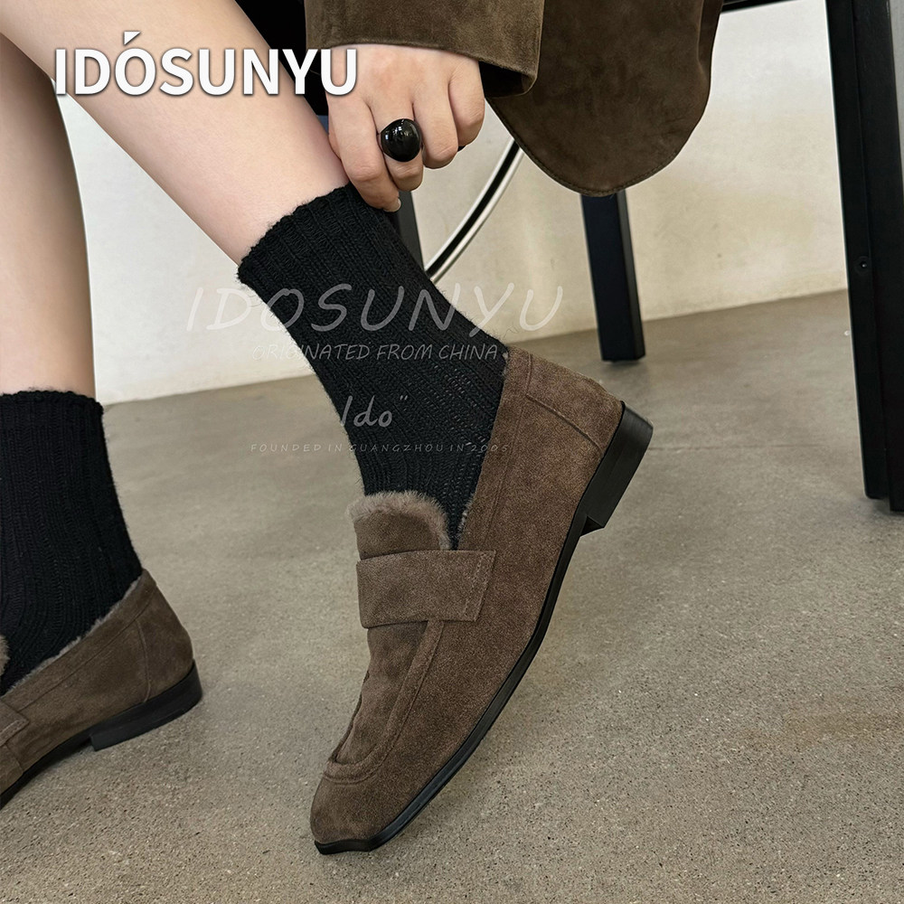 IDO欧货冬季新款牛猄皮方头羊毛一脚蹬乐福鞋女款懒人休闲豆豆鞋
