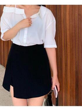 A大码懒人裙黑色遮肉宽松女装字两件显瘦防走光半身裙mm裙裤假胖
