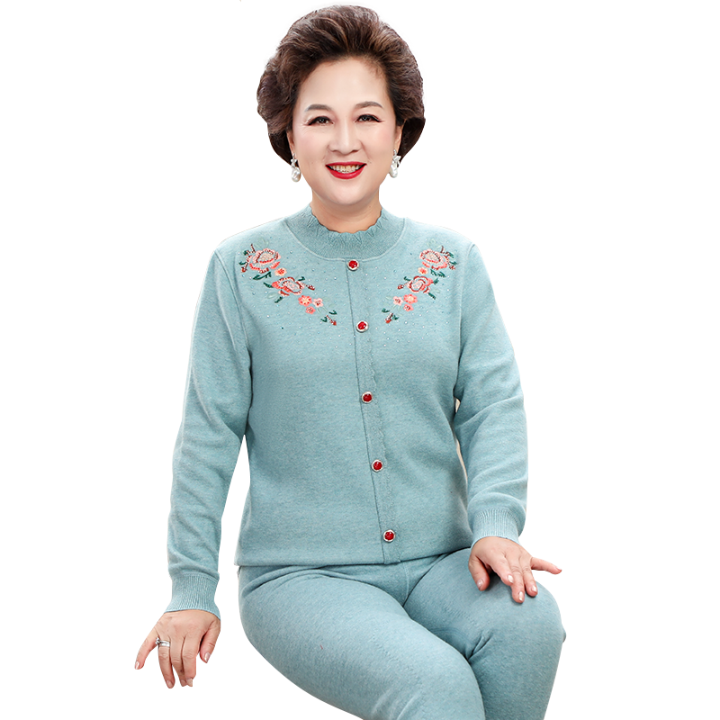 雅鹿中老年保暖内衣女加厚加绒套装妈妈半高领刺绣毛衣款保暖衣冬