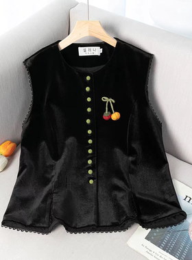 黑色金丝绒中式圆领马甲