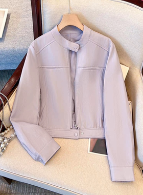 立领拉链短款皮衣夹克