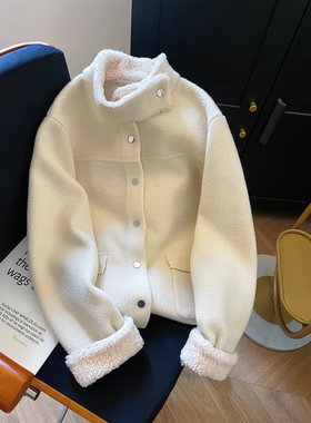 休闲韩系立领拼接仿羊羔毛呢外套