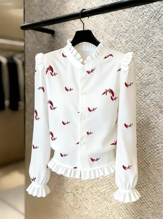 荷叶边印花长袖 上衣