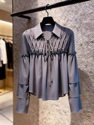 翻领褶皱长袖衬衫