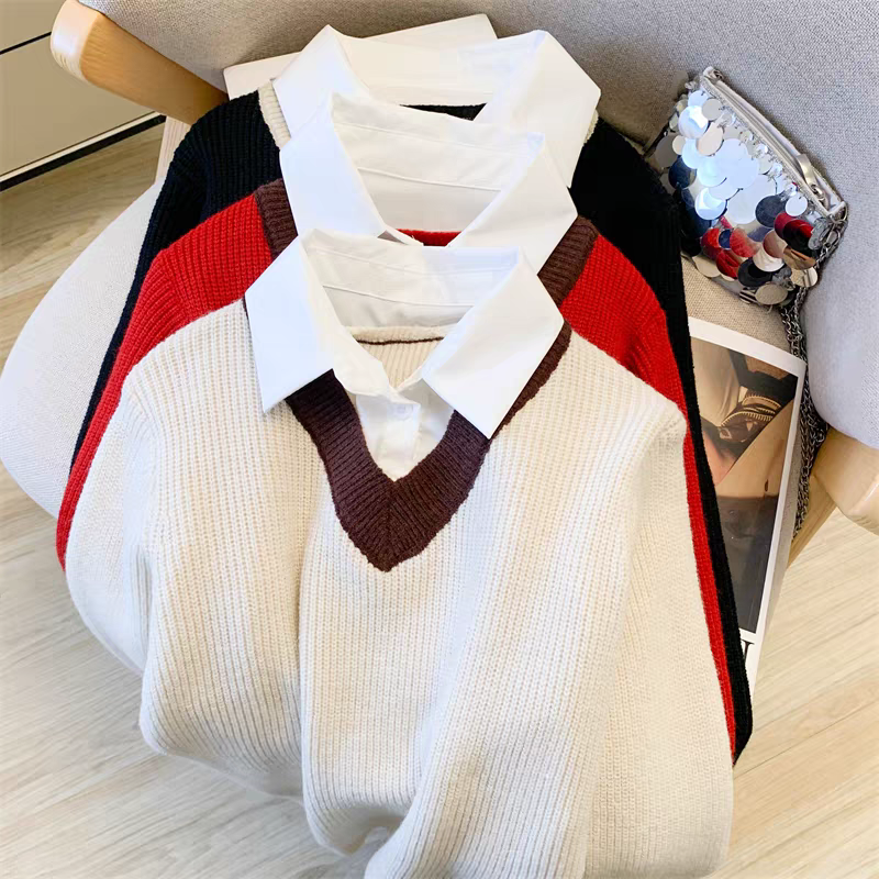 假两件拼色POLO领针织衫