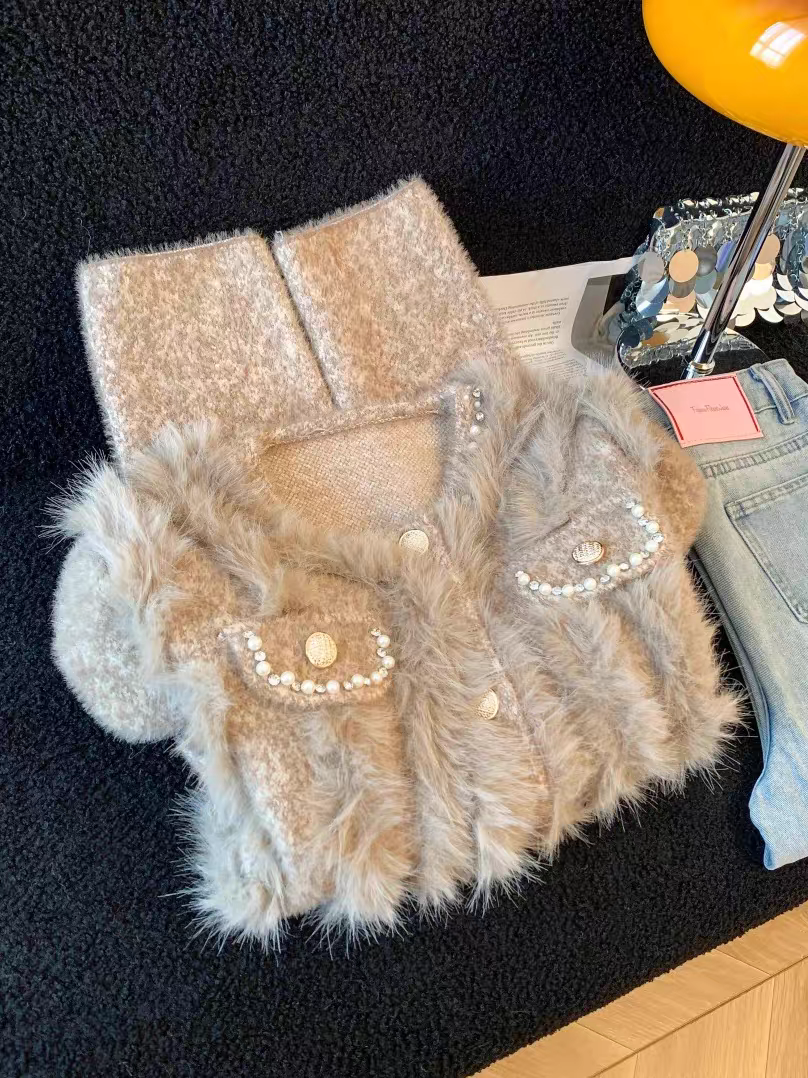 小香风水钻领仿狐狸毛针织开衫皮草外套