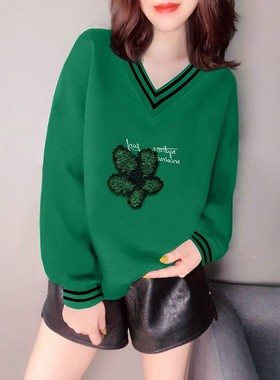 绿色条纹V领设计感立体花朵宽松短款卫衣女欧洲站2022春秋季新款