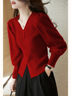 红色泡泡袖打底衫女春秋冬高级感2023新款内搭针织衫别致时尚洋气