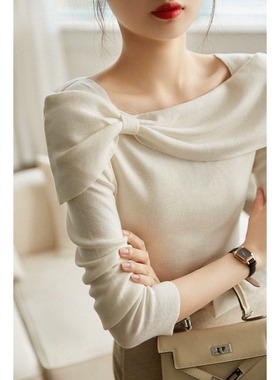 气质优雅一字肩蝴蝶结针织衫2023早秋新款韩版修身显瘦打底上衣女