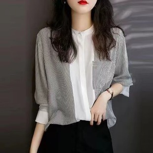欧洲站条纹显瘦雪纺衬衫女长袖2024早春新款洋气内搭减龄宽松衬衣
