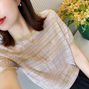 品牌折扣店专柜撤柜女装尾货清仓外贸条纹冰丝短袖针织上衣女夏