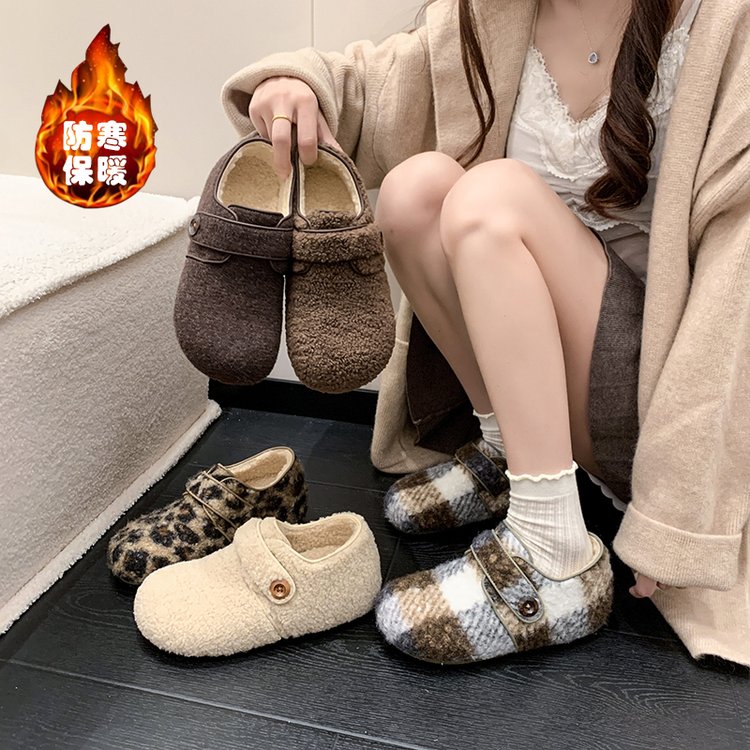 复古豹纹羊羔绒毛毛玛丽珍鞋女2025冬季新款外穿浅口加绒平底单鞋