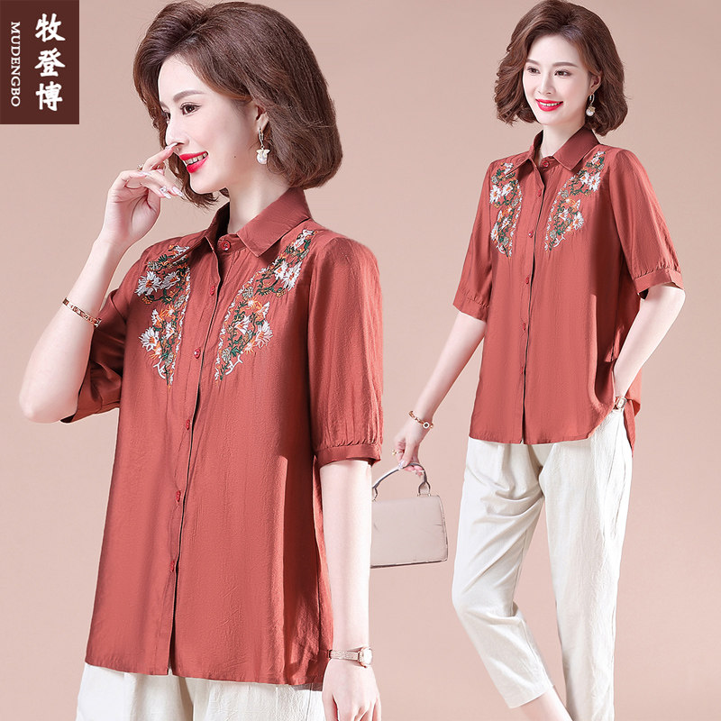 妈妈夏装棉麻两件套装洋气中袖衬衫中老年女装夏季刺绣宽松上衣薄