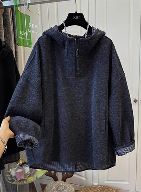 秋冬加宽大码300斤英伦风格子半拉链情侣连帽卫衣男女休闲版帽衫2