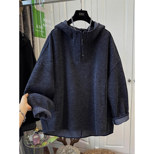 秋冬加宽大码300斤英伦风格子半拉链情侣连帽卫衣男女休闲版帽衫2