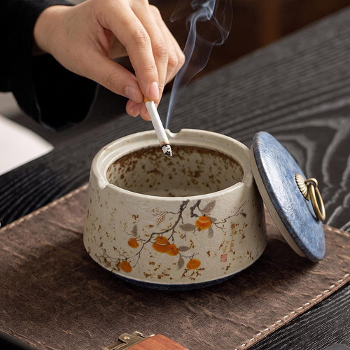 复古柿子陶瓷烟灰缸带盖防飞灰家