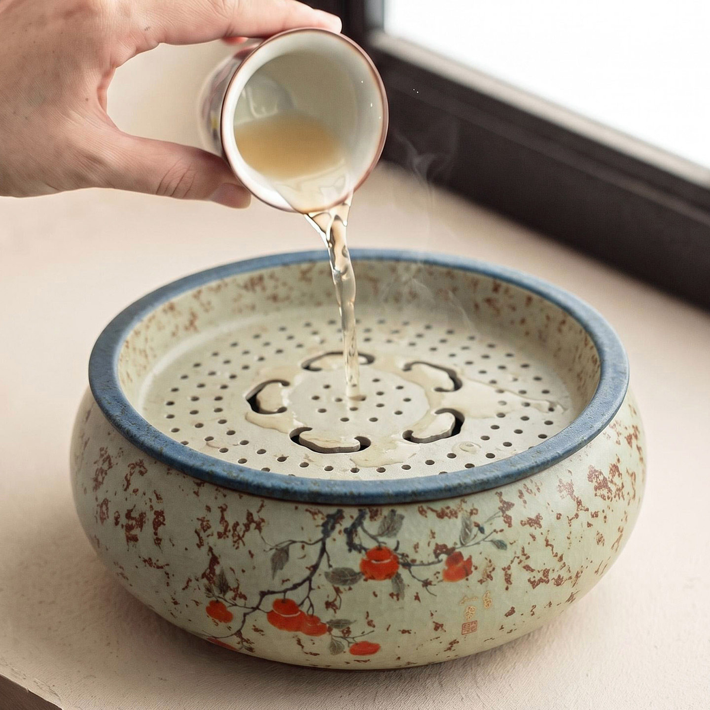 火石红陶瓷茶洗带盖过滤茶洗缸大号建水干湿分离茶水缸茶钵烟灰缸