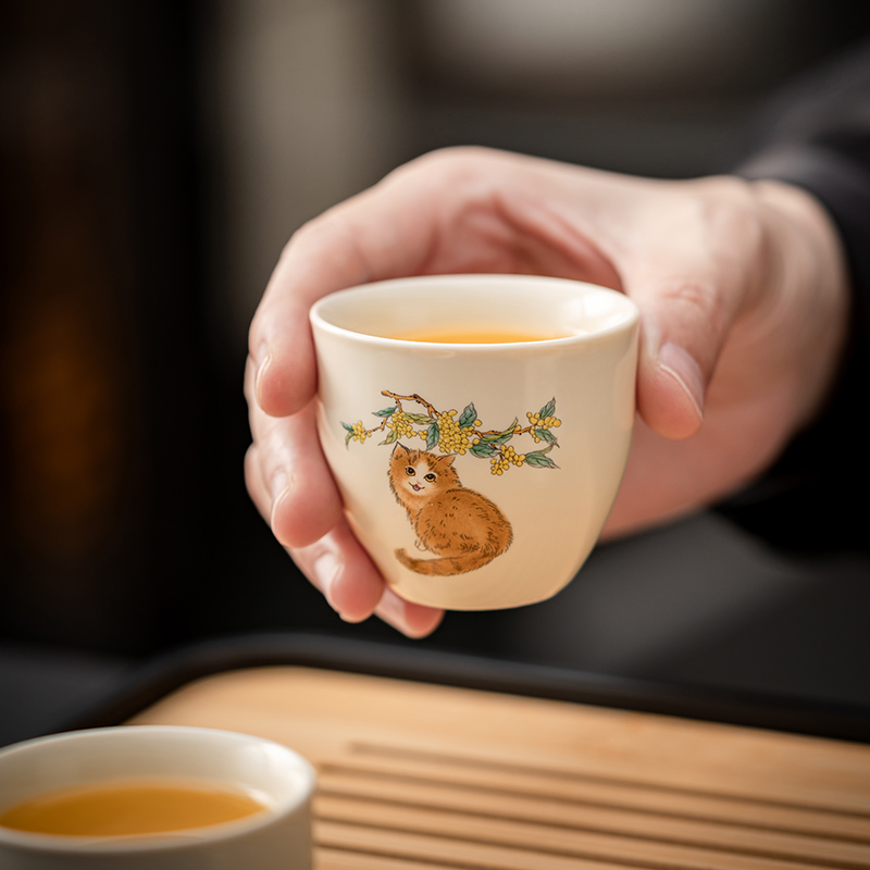 汝窑橘猫建水盂陶瓷家用茶渣缸杯洗盆储水容器茶道零配件茶桌摆件
