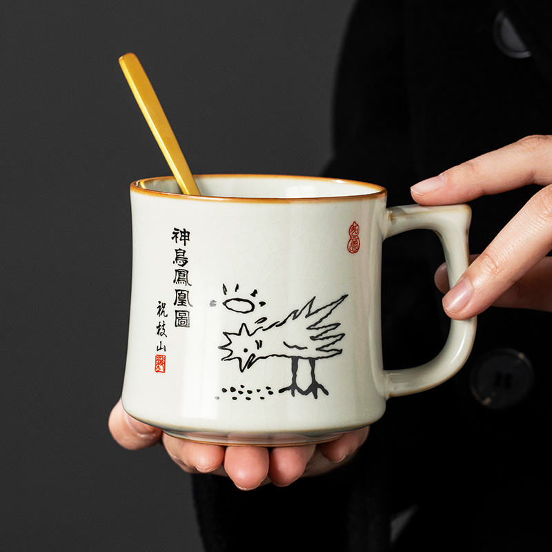 汝窑凤凰神鸟图马克杯陶瓷创意杯子办公室水杯咖啡杯轻奢定制茶杯