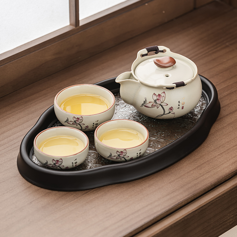 陶瓷汝窑手抓壶盖碗茶杯一壶三杯防烫家用功夫茶具泡茶茶碗旅行