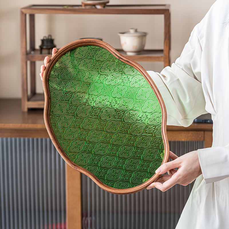 竹制海棠花玻璃托盘小型茶盘中式家用简约茶点盘茶具杯子收纳餐盘