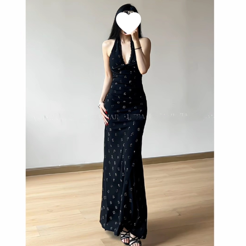 深V挂脖性感纯欲烫钻连衣裙女蕾丝拼接包臀气质小A摆长裙