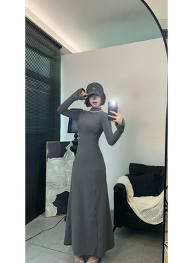 灰色高领长裙秋款德绒气质温柔纯欲风修身显瘦连衣裙LYQ024-03