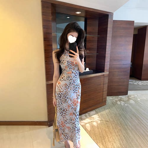 法式碎花收腰裙子爱心图案无袖圆领连衣裙#3577