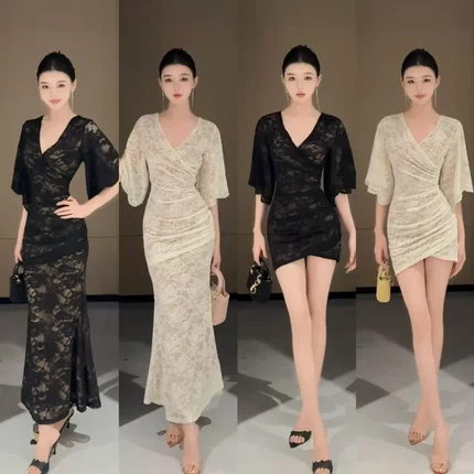 【春日部】蕾丝拼接双层收腰显瘦连衣裙0906