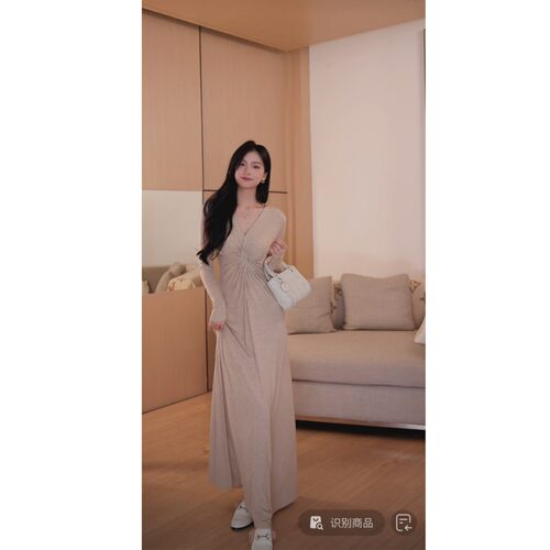 早秋新款时尚V领纽结长裙御姐风修身长袖连衣裙+H1237