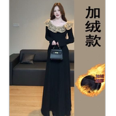 原版 2025秋冬蕾丝拼接长裙 针织连衣裙 面料法式 赫本风黑色长袖