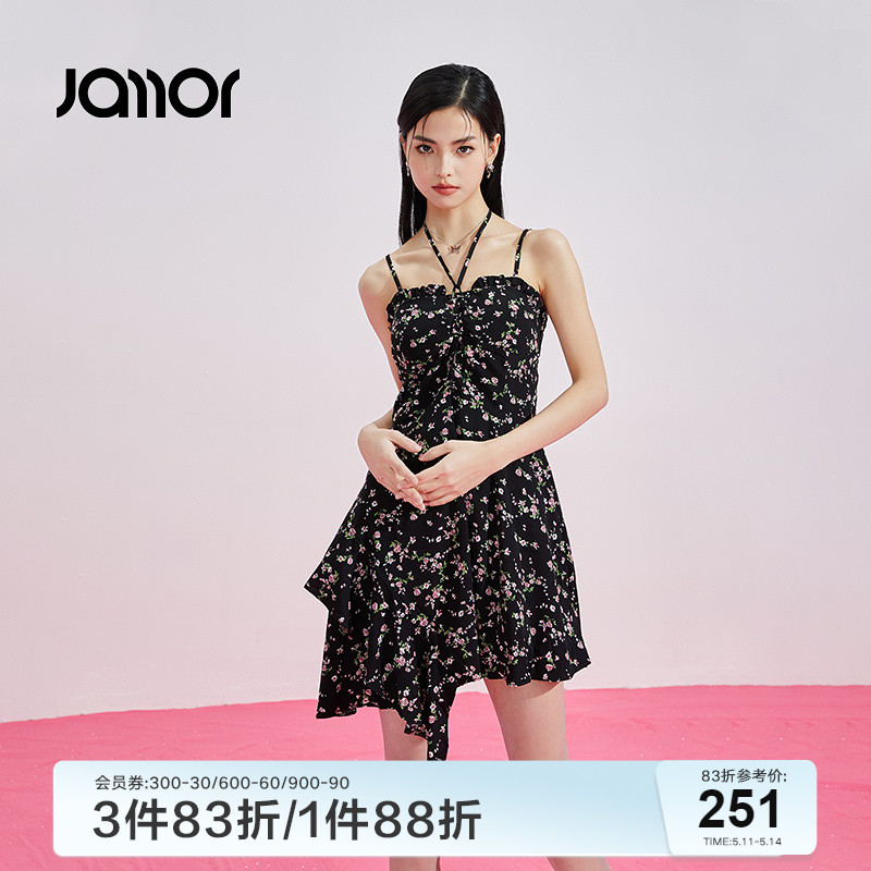 Jamor时尚黑色花纹连衣裙2024夏季新款带胸垫韩版甜美吊带裙