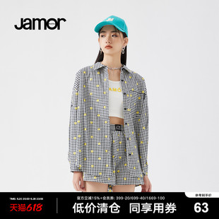 衬衫 新款 女夏季 Jamor黑白格纹短袖 时尚 笑脸格子图案休闲上衣