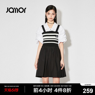 Jamor假两件黑白条纹拼接连衣裙女2024春夏新款 泡泡袖 甜美连衣裙