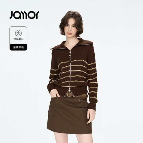 Jamor加墨海军大翻领条纹毛针织衫开衫休闲少女感2026秋冬新款