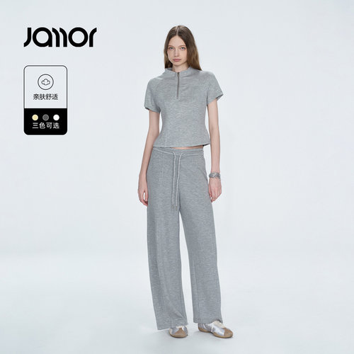Jamor加墨时尚半拉链设计感短袖T恤上衣休闲显瘦直筒裤子2026夏