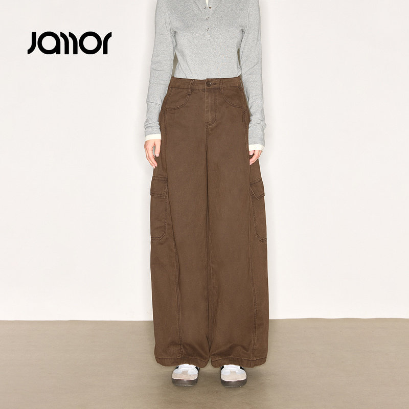 Jamor加墨时尚多口袋咖色工装裤子显瘦阔腿女装2025秋冬新款,女装/女士精品,休闲裤,淘宝优惠券,粉丝福利购,淘宝优惠卷