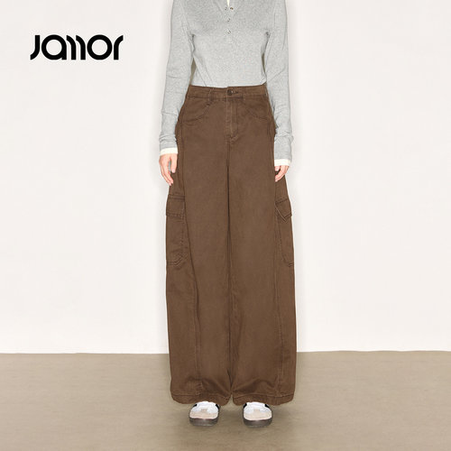 Jamor加墨时尚多口袋咖色工装裤子显瘦阔腿女装2026秋新款