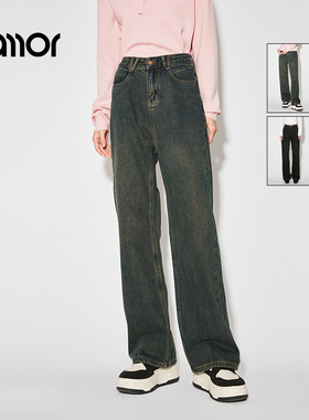 Jamor时尚直筒牛仔裤阔腿显瘦复古蓝黑色2025新款裤子加墨加墨