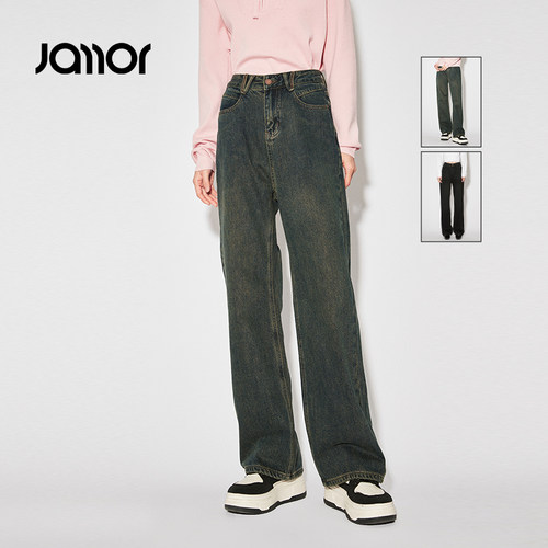 Jamor时尚直筒薄绒牛仔裤子