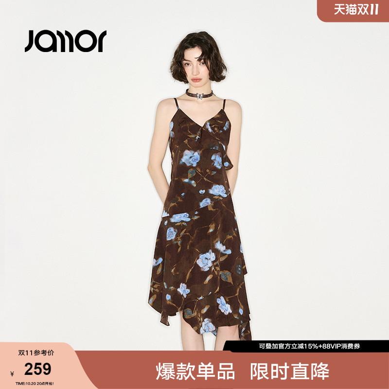 Jamor加墨时尚吊带连衣裙子潮流印花好看2025秋冬季新款