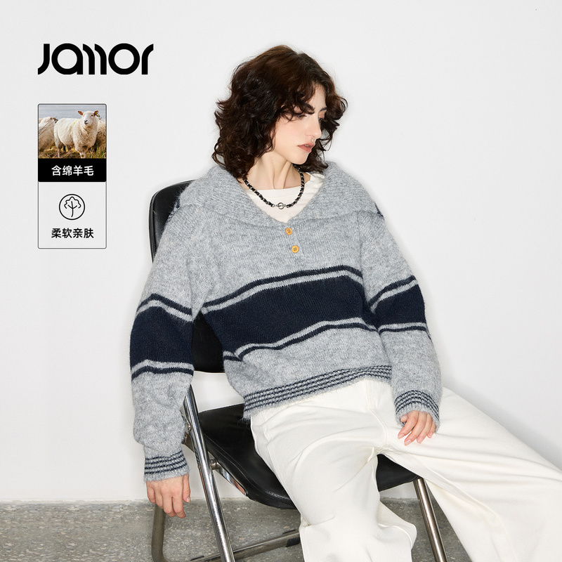 Jamor加墨时尚大翻领海军领拼色毛针织衫简约毛衣上衣2025秋冬新
