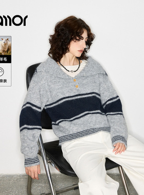 Jamor加墨时尚大翻领海军领拼色毛针织衫简约毛衣上衣2025秋冬新